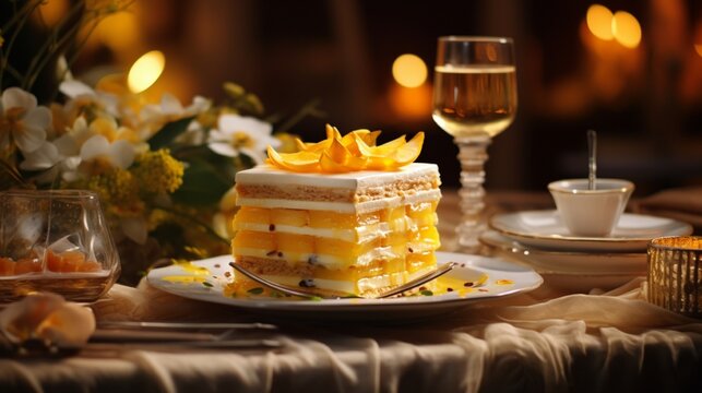 A high-definition image capturing a tiered mango cake with layers of real mango slices, set against a backdrop of a luxurious dining table with crystal stemware and soft candlelight