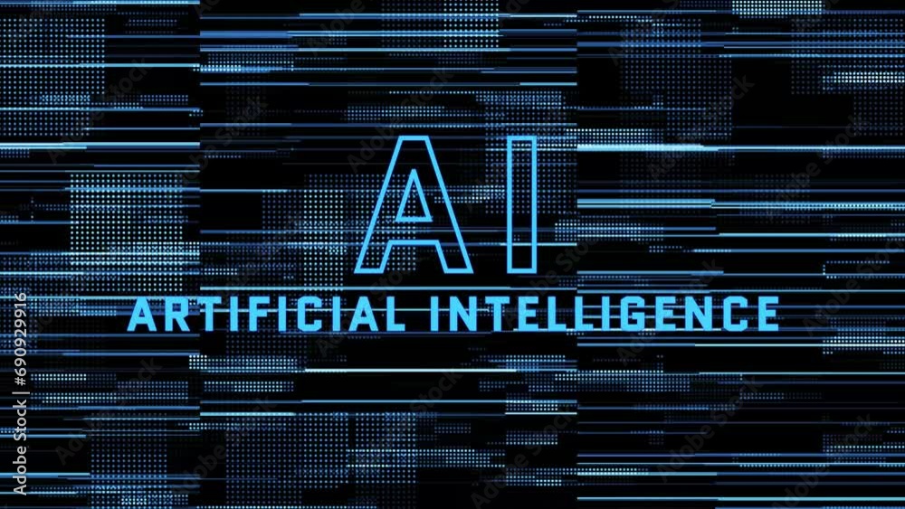 Poster AI Artificial Intelligence on digital background animation - blue pattern pixel background from animated digital data elements