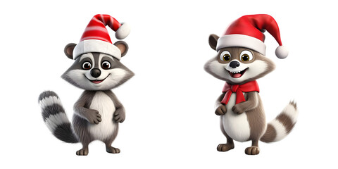 3D Cartoon Raccoon Set wearing Santa Hats on Transparent Background