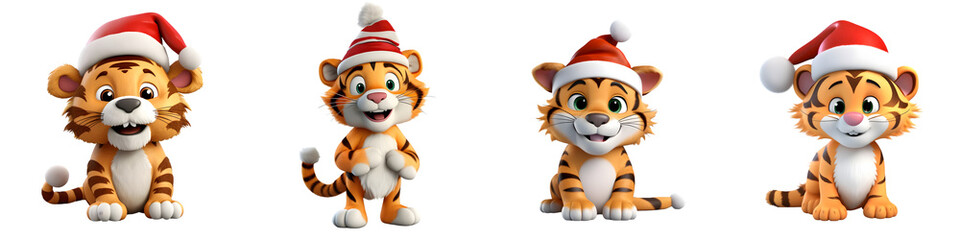 3D Cartoon Tiger Set in Santa Hats on Transparent Background