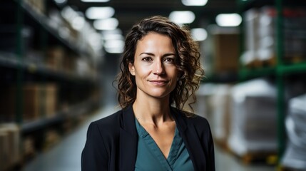 confident woman in factory storehouse 