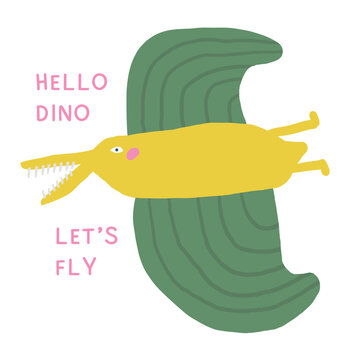 Cute dinosaur postcard with funny hand drawn doodle flying dino, pterodactyl. Jurassic era cover, template, banner, poster, print. Extinct animal background for kids