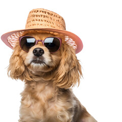 Dog wearing glasses and a hat isolated on white background, transparent cutout