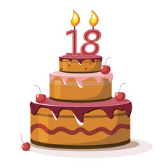 Eighteen year anniversary. Vector birthday cake. Holiday cake with candle.  Big chocolate cake. Eighteen  year old. Eighteen party.