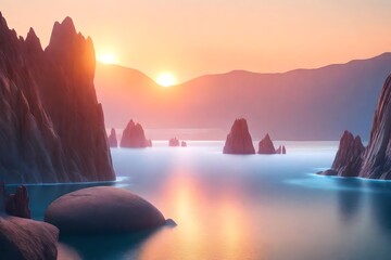 3d render  futuristic landscape with cliffs and water modern minimal abstract background. spiritual...