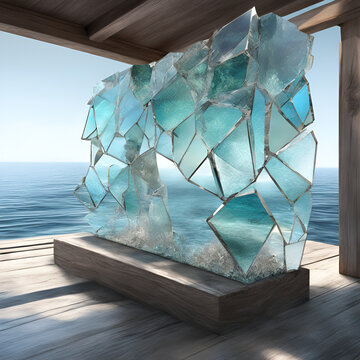 3d render of christals near the sea in a building