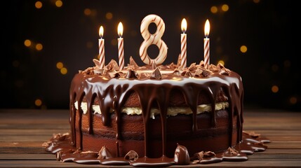 A high-definition image of a chocolate birthday cake with number candles, with melting icing dripping down the sides