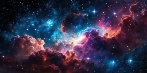 Colorful cosmic nebula veiled in space dust, a celestial spectacle. Fantastic space nebula with glowing cosmic clouds on black background. Universe, stars and galaxies clusters of fantastic worlds