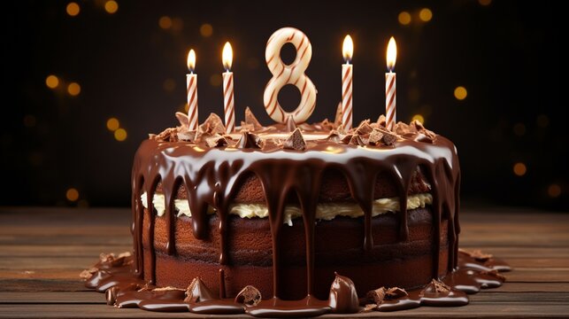 A high-definition image of a chocolate birthday cake with number candles, with melting icing dripping down the sides