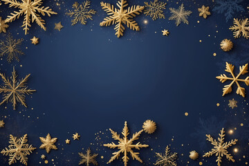 Fototapeta na wymiar Christmas navy background with snowflakes and gold sequins with copy space
