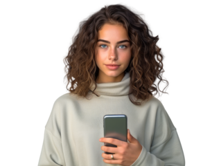 Young woman with curly hair holding a smartphone, isolated on a transparent background. Generative AI