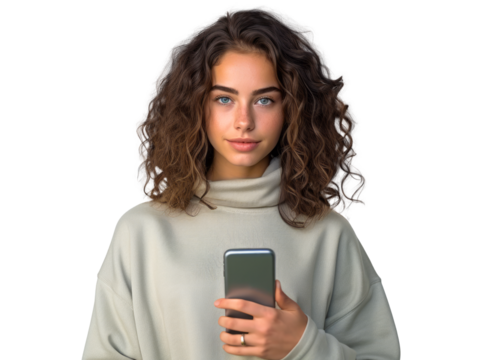 Young woman with curly hair holding a smartphone, isolated on a transparent background. Generative AI - Powered by Adobe