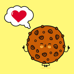 Chocolate cookies doing yoga with speech bubble. Vector hand drawn cartoon kawaii character illustration icon. Isolated on yellow background. Chocolate cookies in love character concept