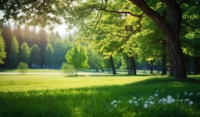Fototapeta na wymiar View of natural park with a green lawn through young juicy foliage of trees in rays of soft sunlight. beautiful spring background. high resolution