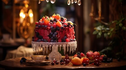 A high-definition photograph capturing a scrumptious cake with layers of velvety frosting, topped...