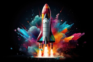 Rocket launching with a colorful holi explosion. - obrazy, fototapety, plakaty