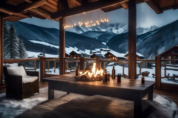 **cheminee dans l' inteneur d' un chalet de luxe en hiver avec vue la montagne et la neige.generative al