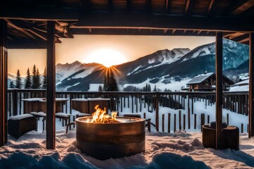 **cheminee dans l' inteneur d' un chalet de luxe en hiver avec vue la montagne et la neige.generative al - obrazy, fototapety, plakaty