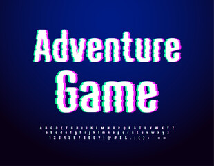 Vector techno sign Adventure Game with glitched Alphabet Letters, Numbers and Symbols set. Glowing neon Font