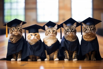Group of graduated kittens wearing mantle and square hats posing for selfie photography. - obrazy, fototapety, plakaty