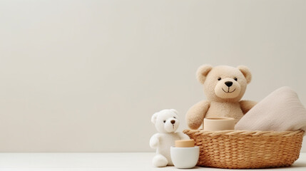 a basket and a bear and Accessories for bathing a child in light colors - obrazy, fototapety, plakaty