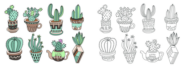 doodle sketch drawing flat style of house plants - flowerpots with cacti, vector illustration