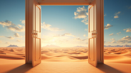 3D illustration, opened door in desert, unknown concept, seamless high-resolution render, abstract digital artwork, soothing color gradients