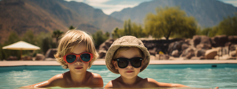 children in glasses in the pool against the background of the mountains