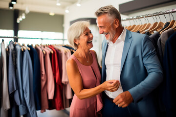 Obraz premium A middle-aged couple tries on clothes in a boutique.