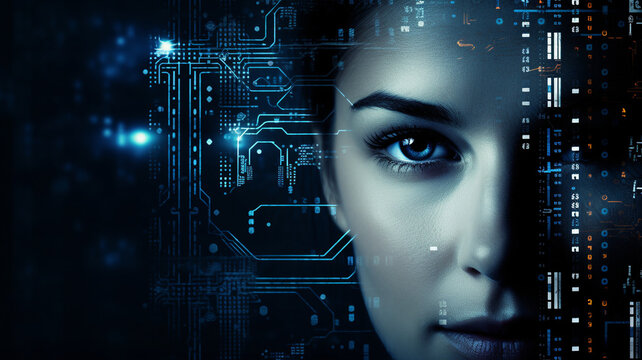 RIR projection of circuit board and meta datas on woman's face. Information global technologies and data analysis concept.