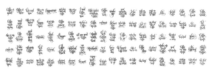 set of 100 hand lettering inscription about coffee time, calligraphy vector illustration collection