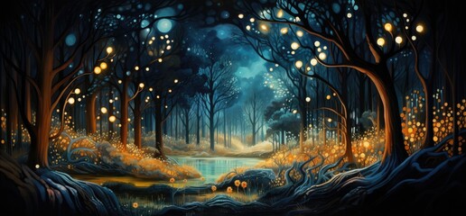 Abstract picture of a enchanted forest at moonlight. Beautiful artwork.