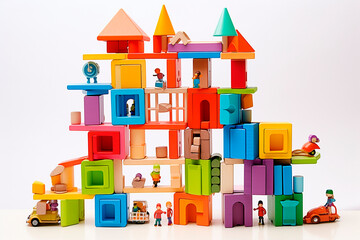 A multi-story playhouse built by a child using colored blocks.