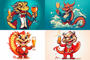 Cute dragon holds a glass of champagne and wishes Happy New Year. The dragon is the symbol of 2024 according to the Chinese calendar.