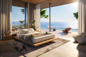Luxury villa. Modern bedroom open to sunny terrace with sea view. AI generated.