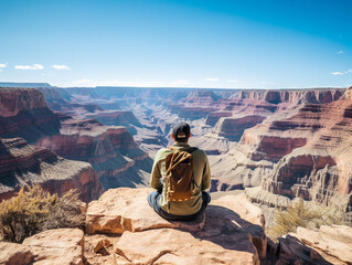 Fototapeta na wymiar A traveler absorbed in thought, admiring the vastness of a serene landscape with rocky mountains.