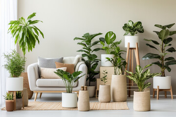 Potted plants in flower pots in home interior.