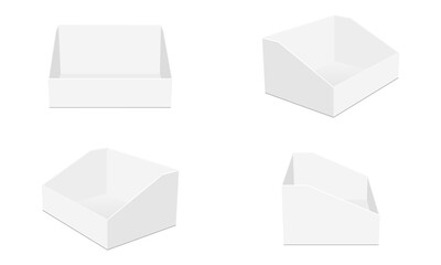 Set Of Blank Display Boxes Mockups, Front, Side View, Isolated On White Background. Vector Illustration