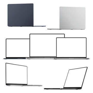 Set Of Laptop Mockup, Front, Side, Back, View, Blank Screens, Isolated On White Background. Vector Illustration