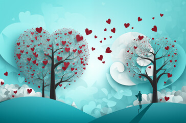 Romantic background with paper hearts, plants and clouds on soft blue background in cut paper style. Copy space.