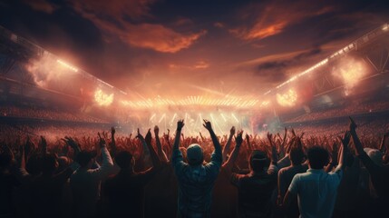 crowd is captivated by a dazzling rock concert, with hands raised and a fiery stage in full blaze, embodying the electric atmosphere of live music.
