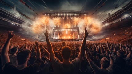 crowd is captivated by a dazzling rock concert, with hands raised and a fiery stage in full blaze, embodying the electric atmosphere of live music.