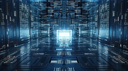 Futuristic server room with glowing blue lights, representing high-speed data center, technology and cyber concept.