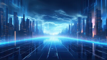 Futuristic cityscape with neon lights and digital elements, depicting a cyberpunk metropolis at night. - Powered by Adobe