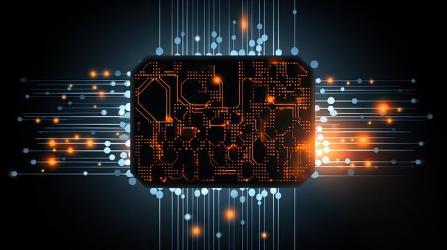 Abstract technology background with digital circuit board and glowing lights.