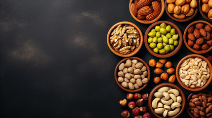 Assortment of nuts on a black slate or stone background - healthy snack.Top view with copy space