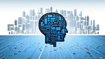 Digital human head silhouette with circuit pattern against a futuristic city skyline, representing artificial intelligence and urban technology.