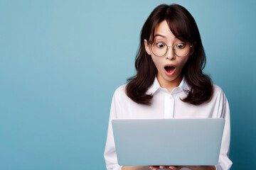 A woman with glasses and a surprised look on her face is looking at a laptop on solid blue background. ai generative