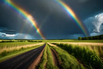 rainbow over stormy sky. rural landscape with rainbow over dark stormy sky in a countryside at summer day.