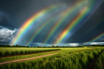 **rainbow over stormy sky. rural landscape with rainbow over dark stormy sky in a countryside at summer day.